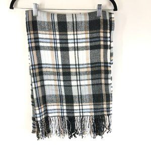 Womens Rectangle Scarf Wrap Fringe Metallic Plaid Black White Blue Beige 80x27.5